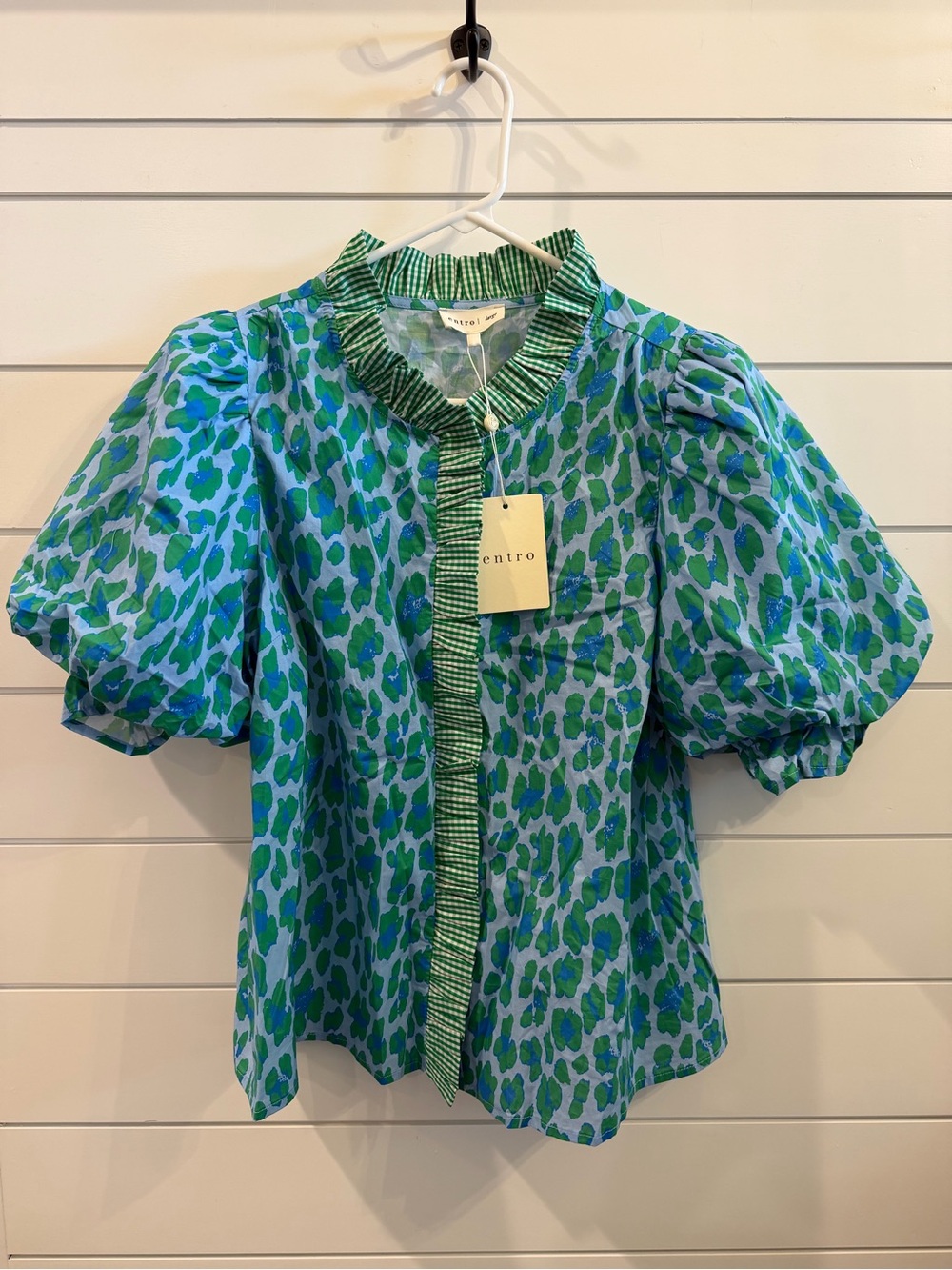Entro Leopard & Gingham Mix Puff Sleeve Blouse – Green & Blue. Size Large